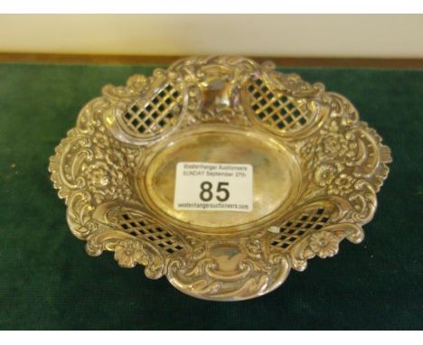 Solid silver dish with pierced decoration in Classical Victorian style 6" long 5" wide, makers mark J T & Co Sheffield h/m 19