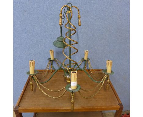An Italian style verdigris coloured and gilt metal rope twist chandelier 