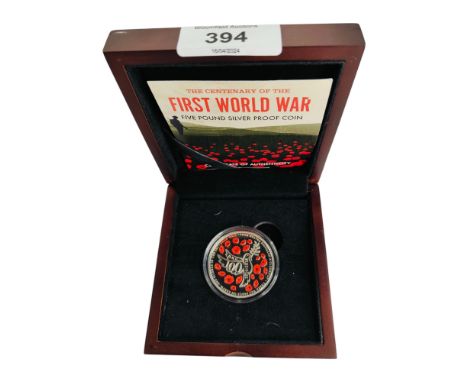 THE CENTENARY OF THE FIRST WORLD WAR FIVE POUND SILVER PROOF COIN IN BOX WITH CERTIFICATE 