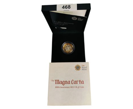 THE 80TH ANNIVERSARY OF MAGNA CARTA 2015 £2 SILVER PROOF COIN PLATED WITH FINE GOLD 