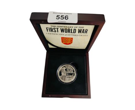 THE CENTENARY OF THE FIRST WORLD WAR JERSEY SILVER £5 COIN IN BOX WITH CERTIFICATES 