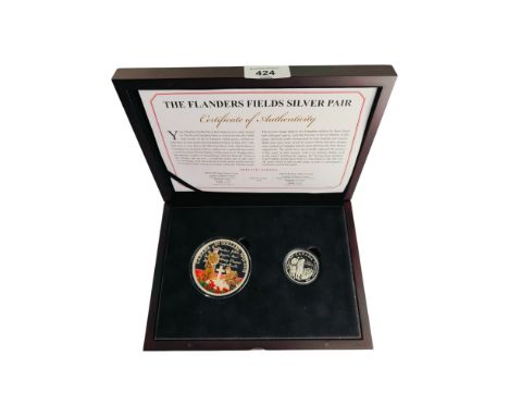 THE FLANDERS FIELDS SILVER PAIR OF COINS WITH CERTIFICATE IN BOX 