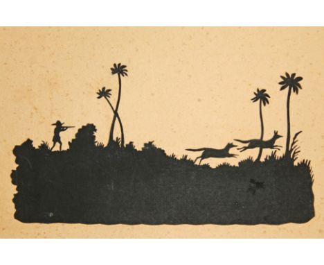 An album of late 19th century silhouettes, approx. 38, various scenes including hunting, wild and domestic dogs including dog
