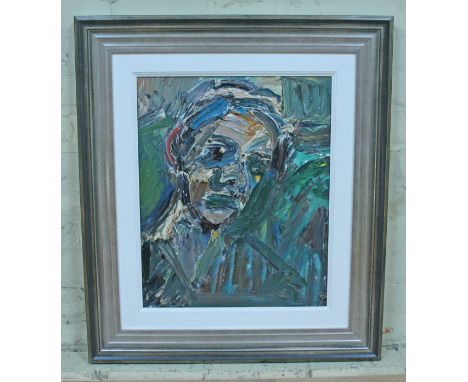 Adrian Johnson (British 20th century), abstract portrait, oil on board, 45cm x 55cm, unsigned, modern frame 71.5cm x 81.5cm. 