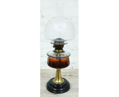 A Victorian brass column oil lamp with pottery base, cut glass reservoir and etched glass shade, height 57cm.Condition: no si