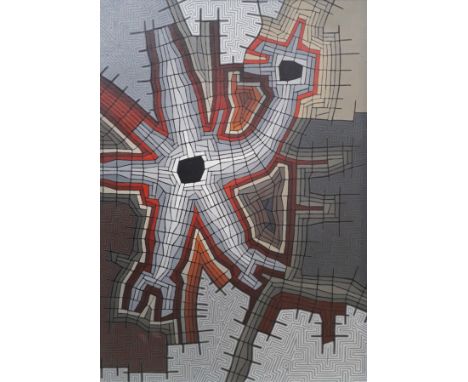 Gerald Rickards (British 20th Century 1931-2006), "Grey Bird Three", abstract/op art oil on canvas, 49cm x 69cm, signed and t