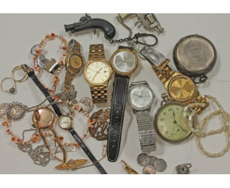 A mixed lot comprising various watches, a hallmarked 9ct gold brooch wt. 2.5g, a coral necklace, various hallmarked silver et