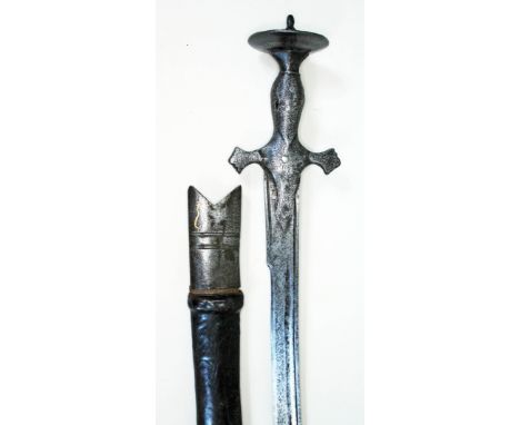 An 18th/19th century Indian Tulwar sword and leather scabbard, length 92cm.  