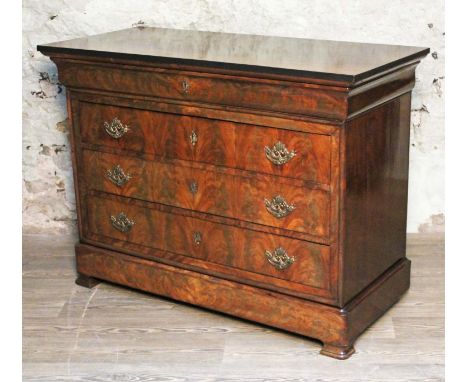 A French Louis Phillipe walnut commode circa 1840 with later mahogany top and gilt brass handles, width 126.5cm, depth 57cm &