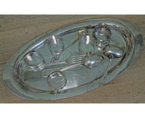 A mixed lot of silver comprising a hallmarked silver tray, length 36cm, four hallmarked silver serviette ring, hallmarked sil