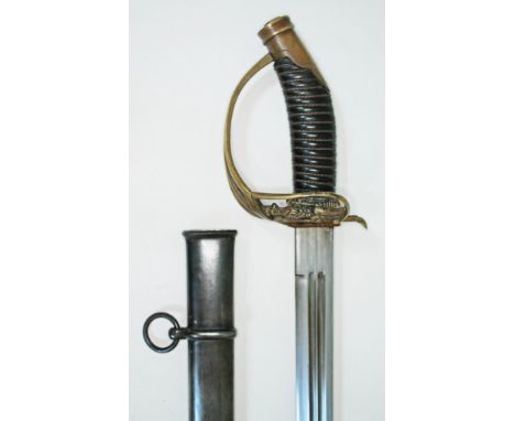 A reproduction m1889 German Infantry Officer's sword and scabbard, blade marke 'I.I.F 1958', length 100.5cm.  