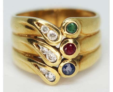 An 18ct gold mult-gemstone ring, marked '750', gross wt. 6.7g, size N/O.  