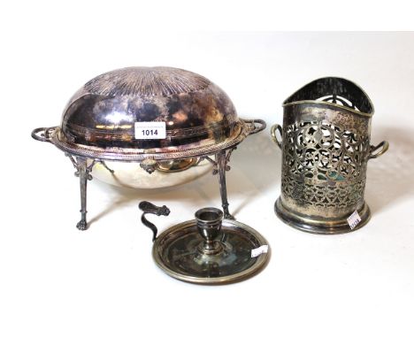 Oval silver plated roll-over breakfast dish, together with an oval plated entrée dish, bottle coaster and chamber candlestick