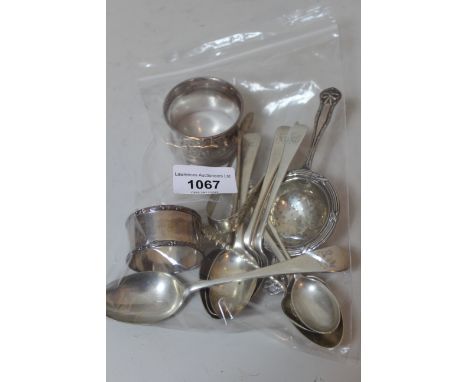 Set of six 19th Century silver teaspoons, two silver napkin rings, silver tea strainer and a small quantity of other silver f