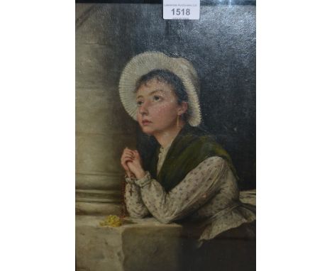 Florence Tiddeman, oil on canvas, portrait of a girl wearing a green shawl and holding a rosary, signed and dated 1878, 14ins