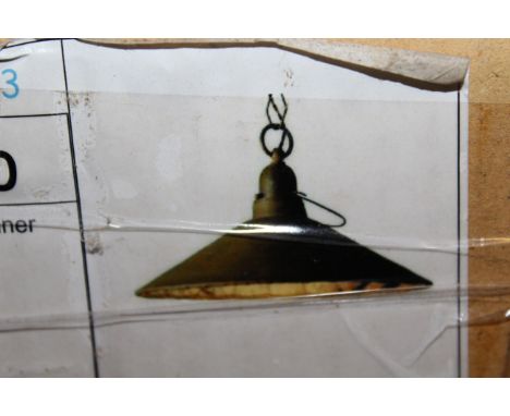 Three as new boxed ceiling lights, one industrial style with mirrored centre, a lantern form light (missing glass) and a thre