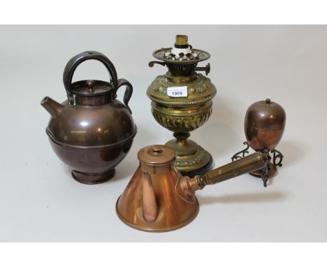 Edwardian brass oil lamp base adapted for use with electricity, an antique copper kettle and two other items 