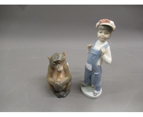 Royal Copenhagen figure of a monkey, 5ins high, together with Lladro figure of a boy 