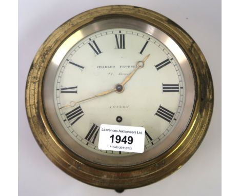 Small circular brass cased sedan / bulkhead clock, the enamel dial with Roman numerals, signed Charles Frodsham, 84, Strand, 
