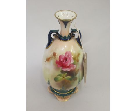 Royal Worcester J. Hadley, monogrammed vase of lobed baluster two handled form, painted with red and yellow roses and a mayfl