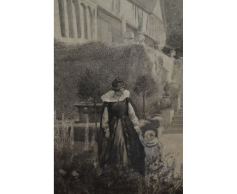 Monocrome watercolour, portrait of a young lady and child by a garden border, 10.5ins x 8ins 