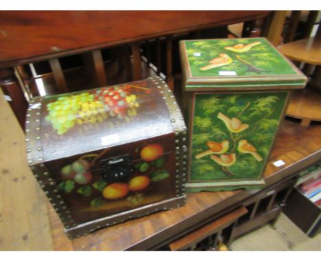 Small painted wooden dome top trunk and a green painted box decorated with birds 