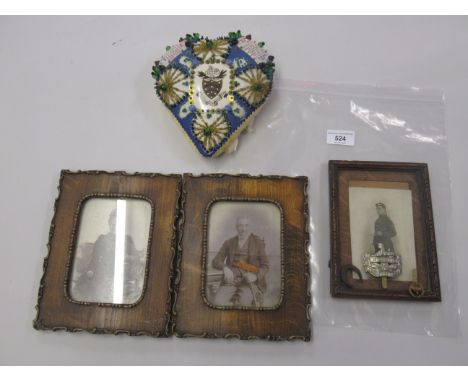 The Gloucester regiment, a heart-shaped pin cushion, cap badge, small photograph, a swagger stick and two unrelated photograp