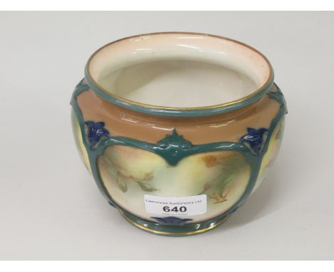 Royal Worcester J. Hadley monogram jardiniere, painted with panels of pink and yellow roses, 4.25ins highSome loss of gilt to