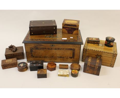 Victorian walnut and inlaid workbox, the hinged cover enclosing a fitted interior, together with a quantity of other various 