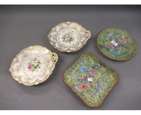 Pair of 19th Century English floral painted and gilded comports, together with two Spode plates 