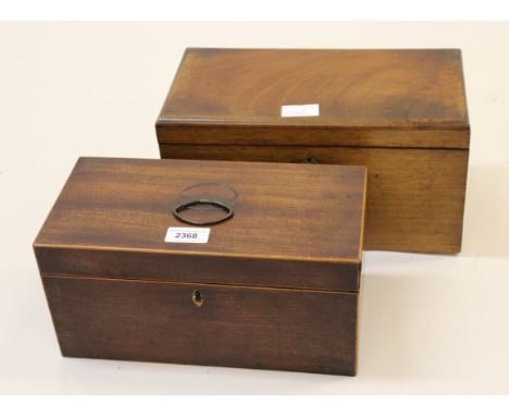 George III mahogany boxwood line inlaid, three division tea caddy, together with a similar 19th Century mahogany caddy 