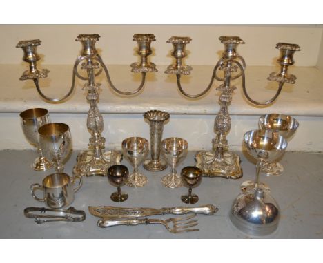 Pair of plated three light candelabra and other miscellaneous items of silver plate 