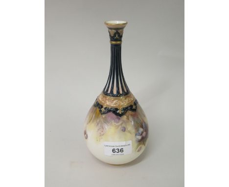 Hadley's Worcester baluster vase with narrow neck, painted with blue Clematis (restoration to the neck), 8ins high 