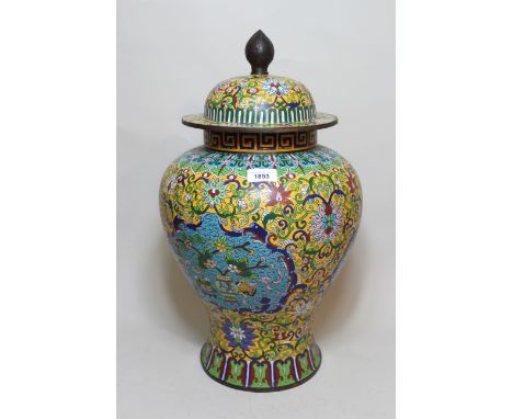 Large Chinese cloisonne temple jar and cover with all-over floral decoration on a yellow ground, signed with square seal mark