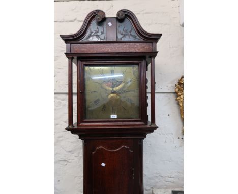 George III oak longcase clock, the square hood with swan neck pediment above a shaped door, the 14.25ins brass dial with Roma