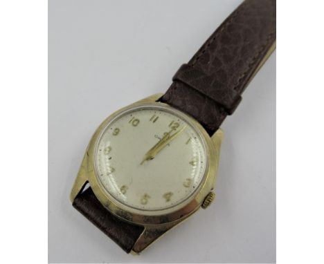 Gentleman's 9ct gold cased Omega wristwatch, the champagne dial with Arabic numerals and sweep seconds hand on a later leathe