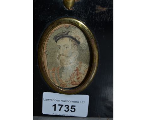 Miniature oval pencil and watercolour portrait, possibly of Robert Dudley, in an ebonised frame 