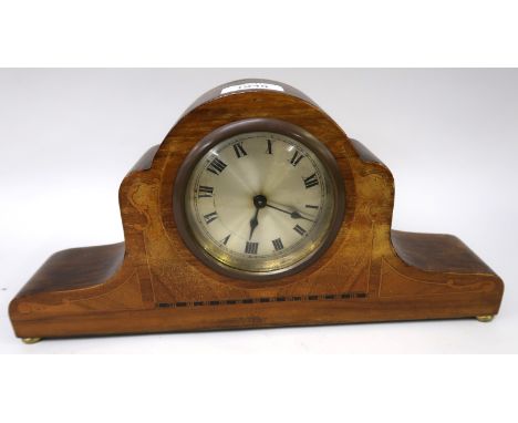 Edwardian walnut and inlaid mantel clock, the silvered dial with Roman numerals 