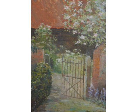 Angela Burfott, oil on board, a garden gate, signed and dated 1983, 9.5ins x 7.5ins, gilt framed 