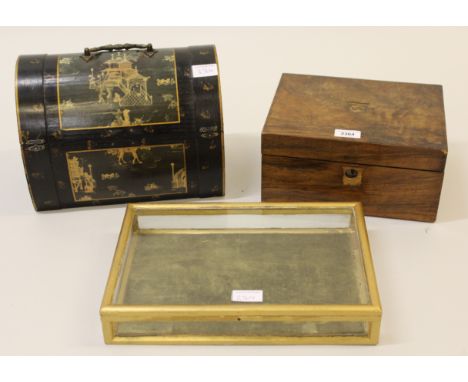 Victorian walnut fold-over writing slope, (for restoration) small glazed and gilt wood display box and a reproduction Chinese