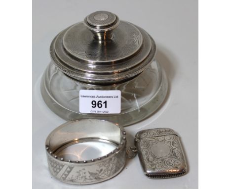 1930's Art Deco silver lidded and cut glass dressing table jar, silver bangle and a silver vesta case 
