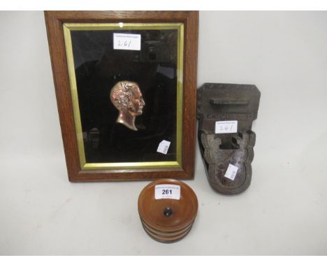 Small boxwood tureen dish, a soapstone porter and a silver plated coppered metal portrait of Prince Albert, in an oak frame 