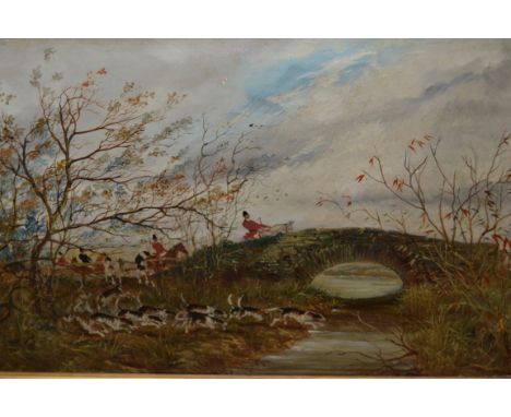 Late 19th / early 20th Century oil on canvas, hunting scene, 12ins x 20ins, gilt framed, together with three other various sm