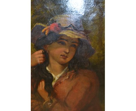 19th Century oil on canvas, portrait of a girl wearing a straw hat, signed with monogram, 23ins x 19ins, gilt framed 