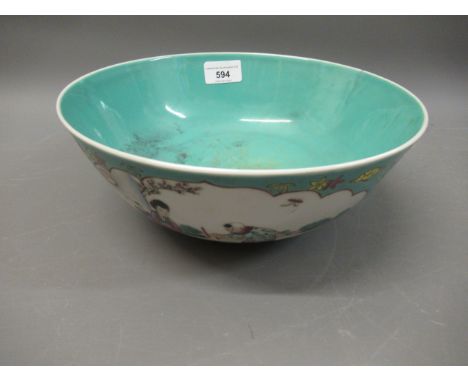 20th Century Chinese circular bowl, decorated with panels of figures in landscapes on a turquoise ground, 10ins diameter, red