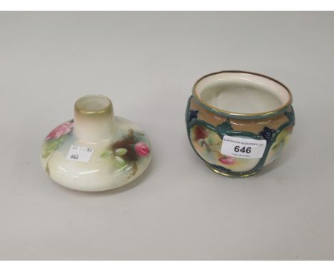 Small Royal Worcester jardiniere, painted with panels of roses, together with a similar squat vase, 3.25ins x 3ins respective