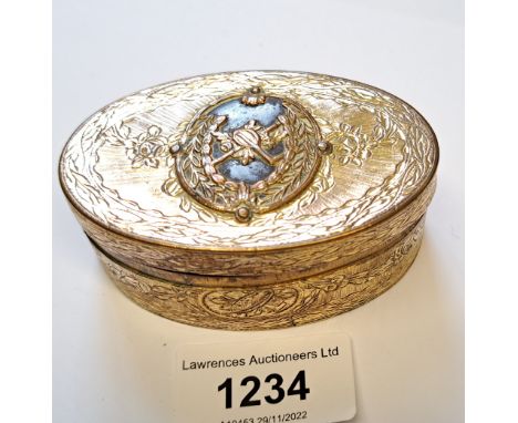 19th Century oval gilt metal snuff box with cast decoration, 80mm wide 