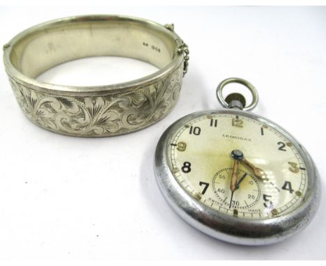 Steel cased pocket watch, inscribed Leonidas, MOD mark to back, engraved G.S.T.PN5217, together with an engraved silver bangl