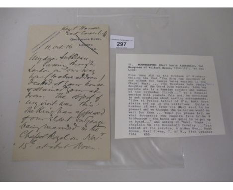 Earl Louis Mountbatten, first marquess of Milford Haven, 1854-1921, First Sea Lord, an autographed letter to sub Dean of Wind