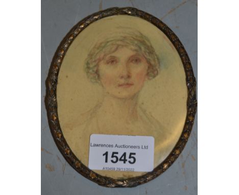 Oval metal framed miniature head and shoulder portrait of a lady and another gilt metal oval framed print of a bearded gentle